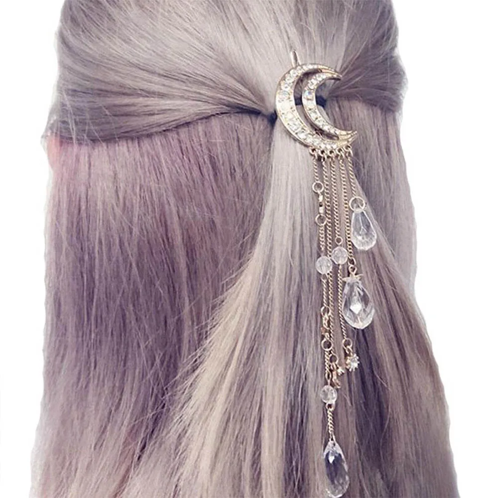 

New Arrival Fashion Crystal Moon Hair Clip Tassel Hairpins Brushes Long Bridal Jewelry Accessories Women Beauty Tools