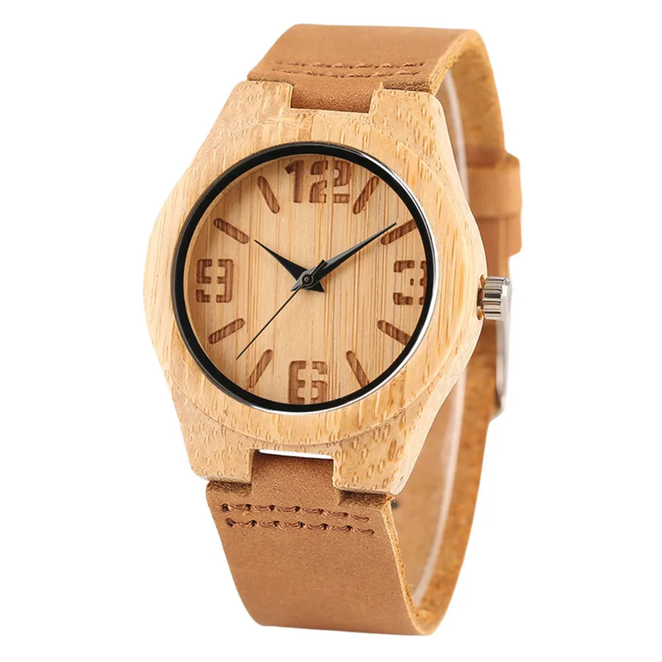 Trendy Minimalist Hot Clock Genuine Leather Band Strap Nature Wood Modern Women Simple Bamboo Handmade Quartz WristWatch (4)