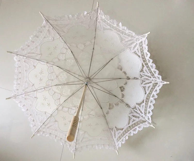 Koronkowe parasole haft ślubny drewniany uchwyt Parasol słoneczny promień 48cm drewniany Parasol bawełniany Parasol