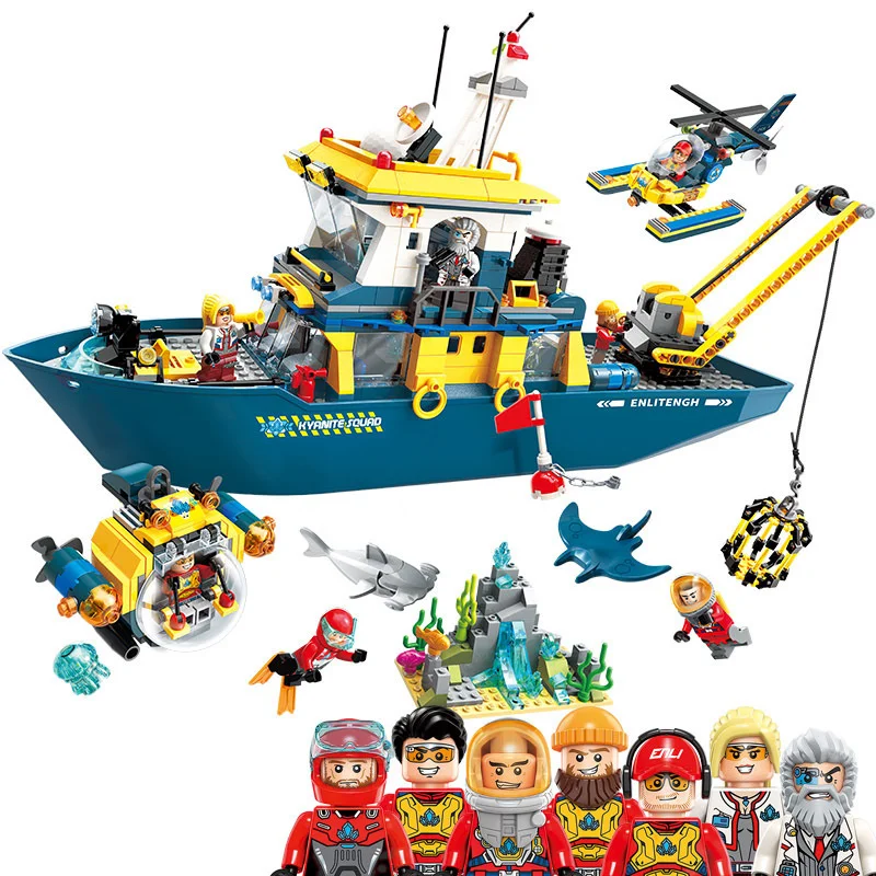 

New Hot Enlighten Deep Sea Mission Diving Spar shark command Ship Building Blocks Model kit Bricks Educational Toys for Children