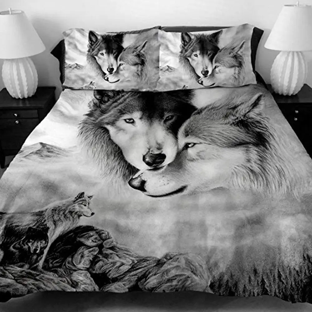 

3D Double Wolf Printing Theme Bed Set Quilt Cover Pillowcases Housewarming Gift Decoration 2pcs/3pcs