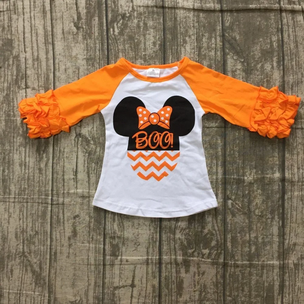 

new Halloween Fall/winter baby girls children clothes boutique cotton top t-shirts raglans outfits baby mouse BOO orange Minni*e