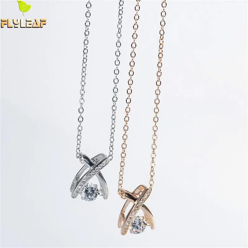 

Flyleaf 925 Sterling Silver Cubic Zirconia Necklace Women Rose Gold Cross Fashion Chain Fine Jewelry Simple Necklaces & Pendants
