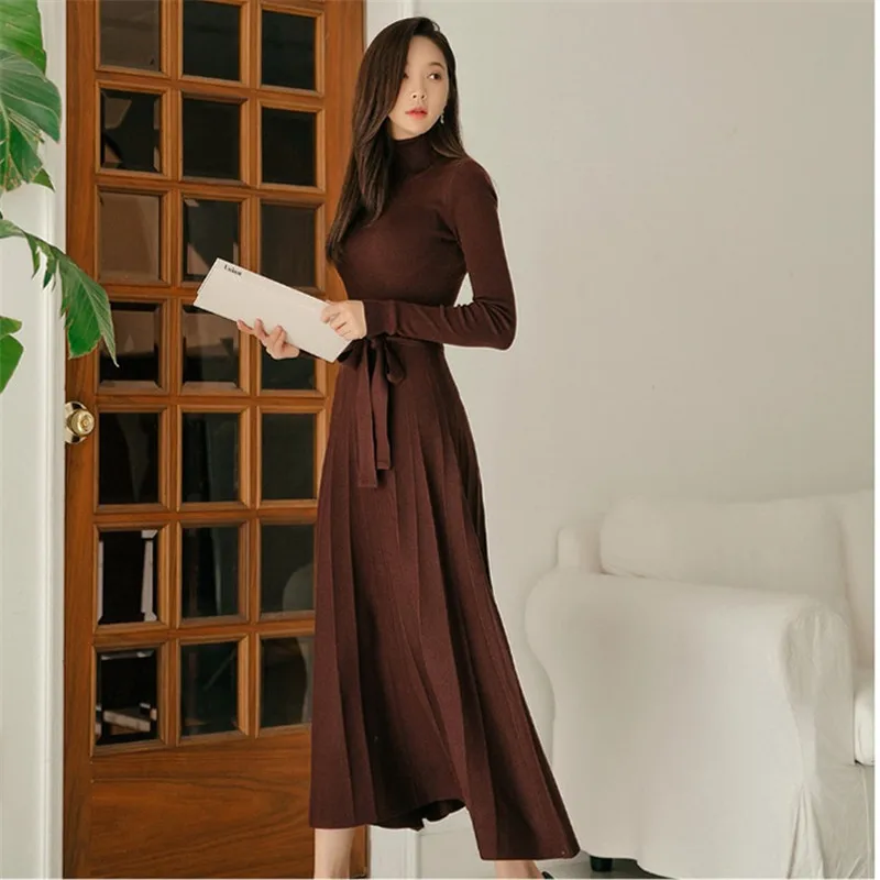 

new elegant turtleneck long sleeve knitted sweater dresses office wear vintage solid elastic knitted dresses vestidos D150