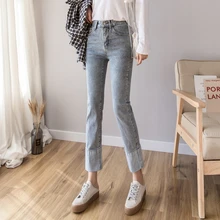 Реальный выстрел новые модные джинсы Женская Корейская версия высокой талии небольшой прямой манжетами девять джинсов