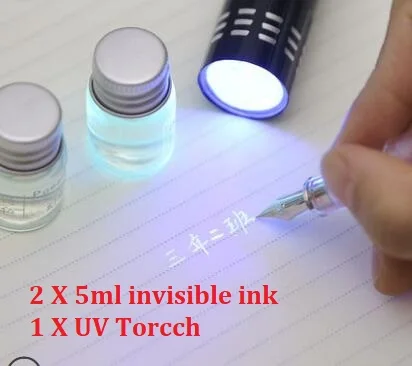 Креативные невидимые чернила для перьевая ручка, авторучка, флуоресцентные чернила только можно увидеть под УФ-светом - Цвет: 2x5ml ink with UV
