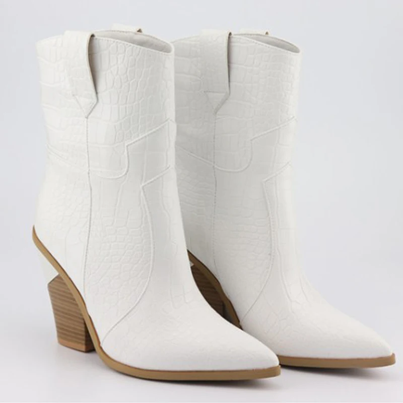 

Rass ple 2019 Embossed Microfiber Leather Ladies Ankle Boots Pointed Toe Western Cowgirl Boots Women Slip On Shoes Women
