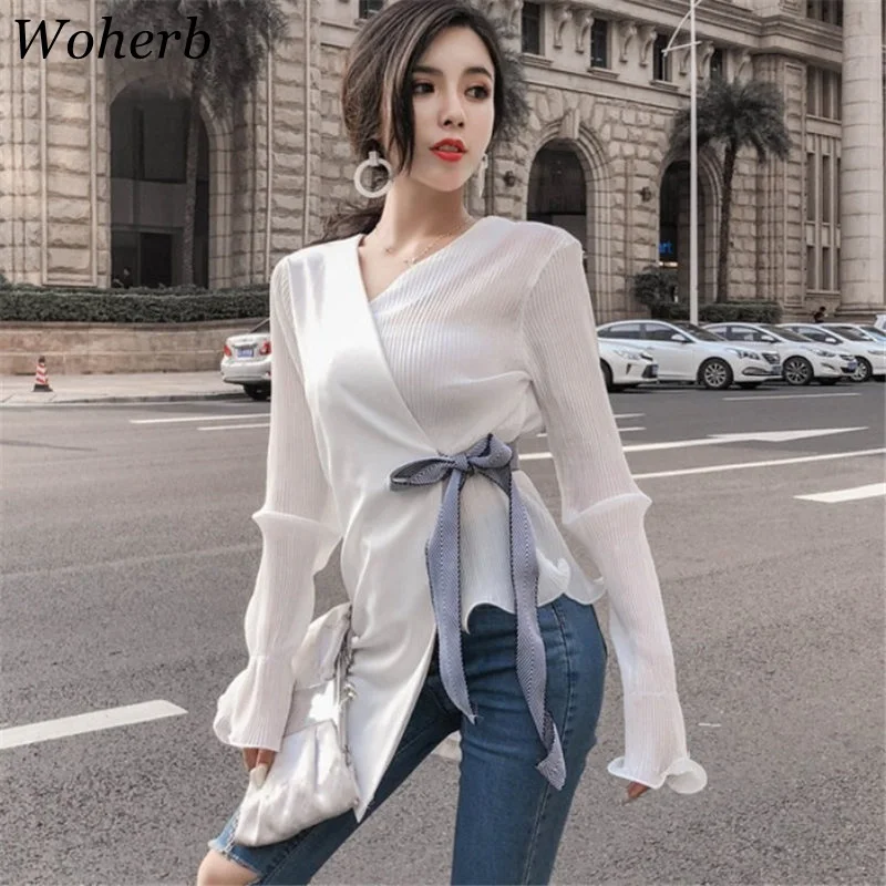  Woherb Perspective Shirt Womens Tops And Blouses Asymmetry Bandage Blusas Slim Thin Blouse 2020 Kor