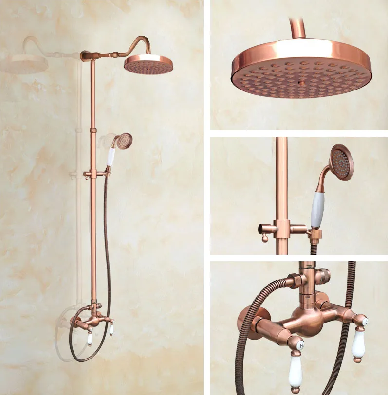

Antique Red Copper Brass Wall Mounted Bathroom 7.7" Round Rain Shower Head Faucet Set Dual Ceramic Handles Mixer Tap mrg618