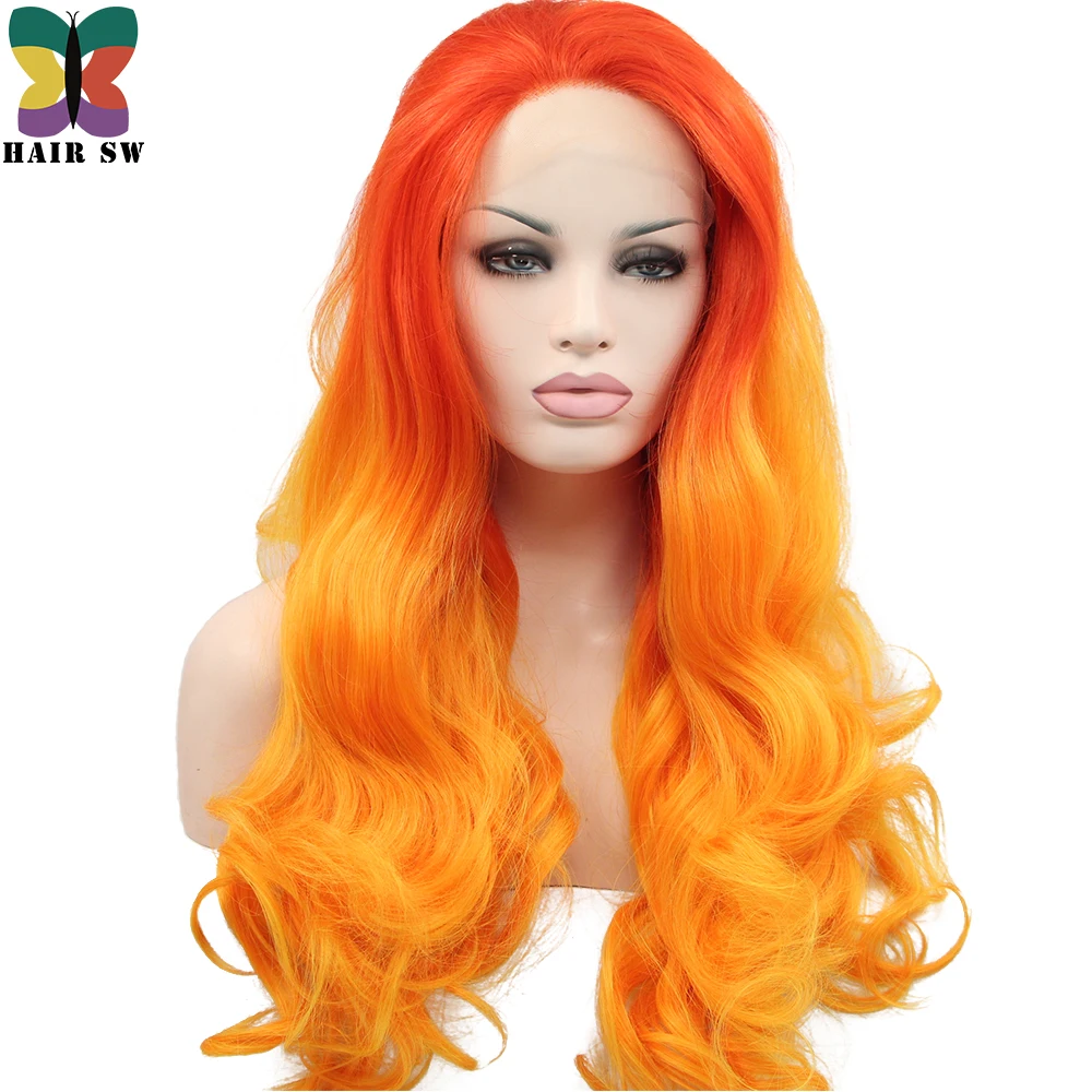 

HAIR SW Long Lace Front Synthetic wig Red Orange Ombre Mixed Colors Free part lace Cosplay Wig For Women Curly/Straight Choice