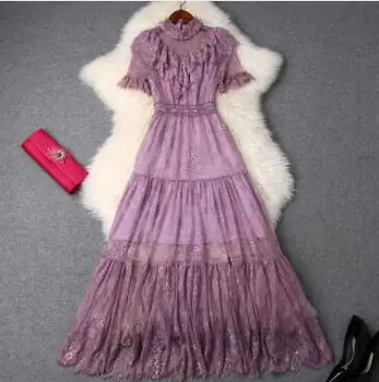 

2019 summer women's new ruffled hollow high waist slim lace skirt ladies dressT3583