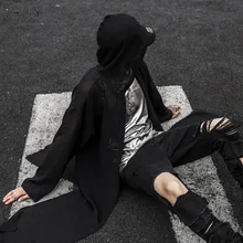 GUYI темный черный с капюшоном Открыть стежка для мужчин Твердые длинным рукавом Широкий васированные сетки Тренч Готический Клубные High Street Топы