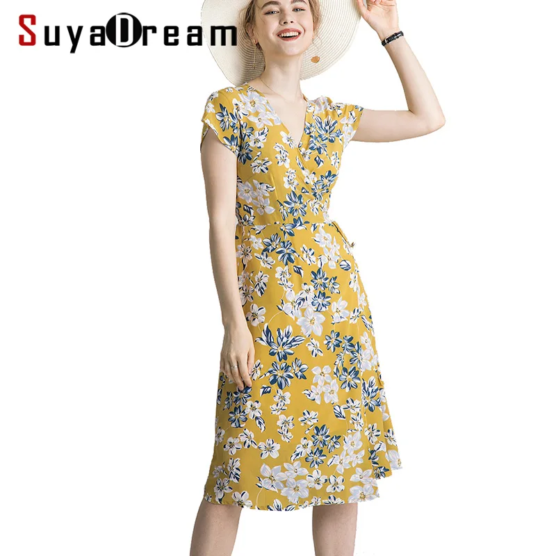 

Women Dress 100%Natural Silk Crepe Belted Floral Printed V neck Dresses for Women 2019 New Holiday Dress Yellow