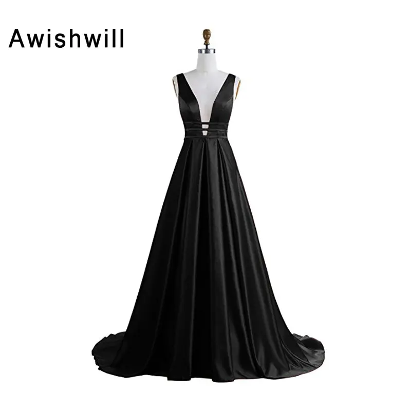 

Real Picture Sexy Long Evening Dress Deep V Neck Satin Backless A Line Pageant Dress Celebrity Dresses Red Black Robe De Soiree
