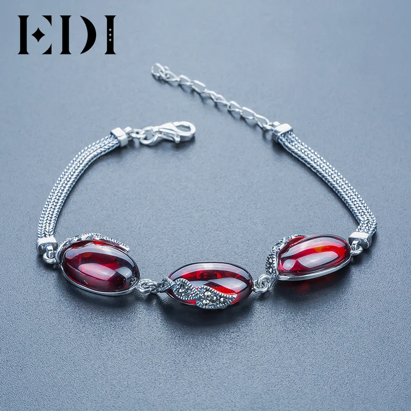 EDI Alice Natural Chalcedony Stone Mystic Red Garnet Bracelets For Women Bohemian Vintage Style Sterling Silver Fine Jewelry