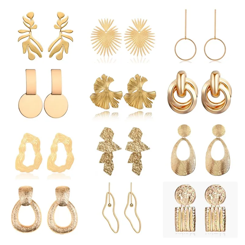 Statement Metal Drop Dangle Earrings For Women Geometric Round Leaf