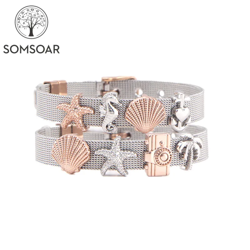 

Drop shipping Somsoar Jewelry i like summer beach mesh bracelet Two color silver rose gold Slide Charm Bracelet Set as gift