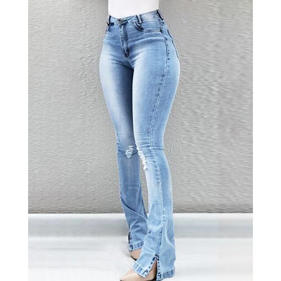 Весной и летом новые светло-голубые с высокой талией ноги открытые женские джинсы микро-рог моды отверстие дикие то