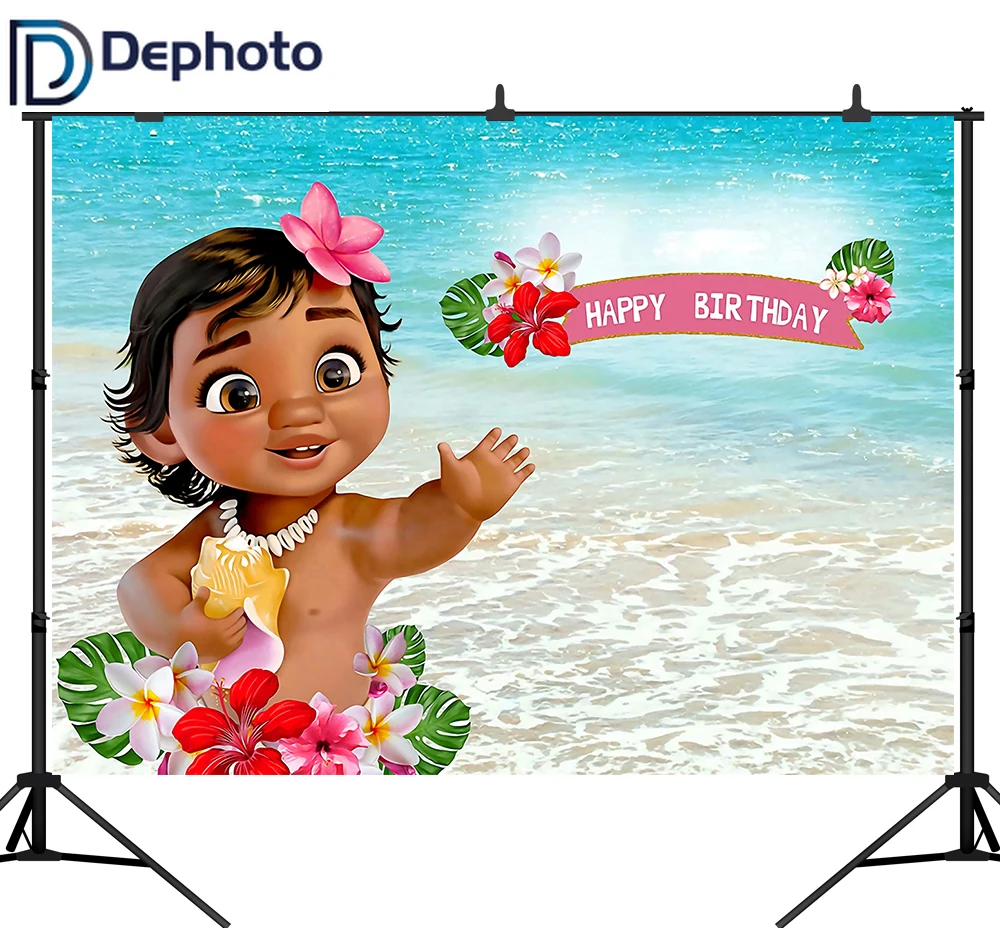 

DePhoto Moana Sea Flower Tropical Backdrop For Kids Happy 1st Birthday Party Newborn Baby Shower Backgrounds For Photo Studio