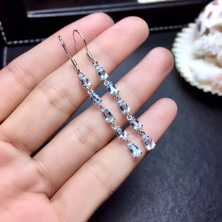 Роскошные милые длинные кисточки S925 серебро натуральный синий Аквамарин серьги-капли с камнями натуральный драгоценный камень женские вечерние ювелирные изделия в подарок