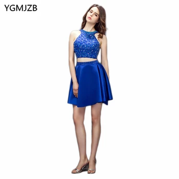 

Royal Blue Two Piece Cocktail Dresses 2019 New Fashion A Line Halter Open Back Beaded Crystal Short Dress Party Cocktail Dress