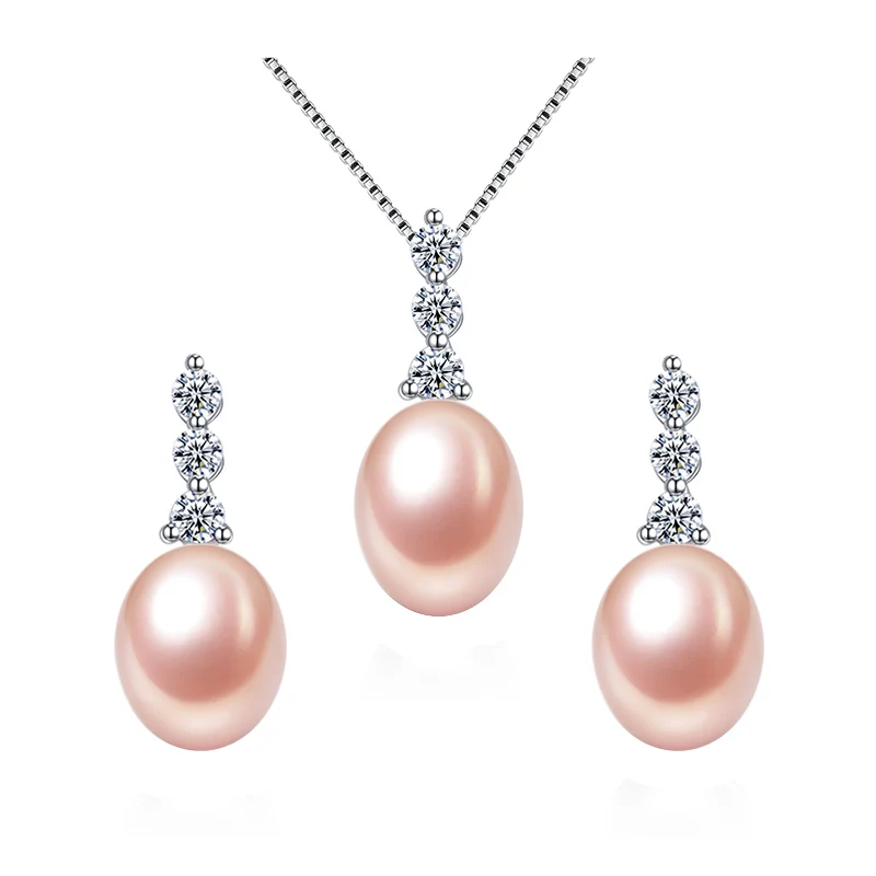 TZ2076EP fine jewelry Set Natural pearl silver Stud earring pendant necklace set pink pearl set