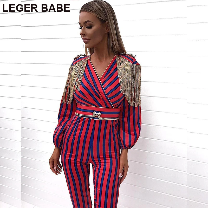 Fashion Women Jumpsuit 2018 Red and Blue Striped Golden Tassel