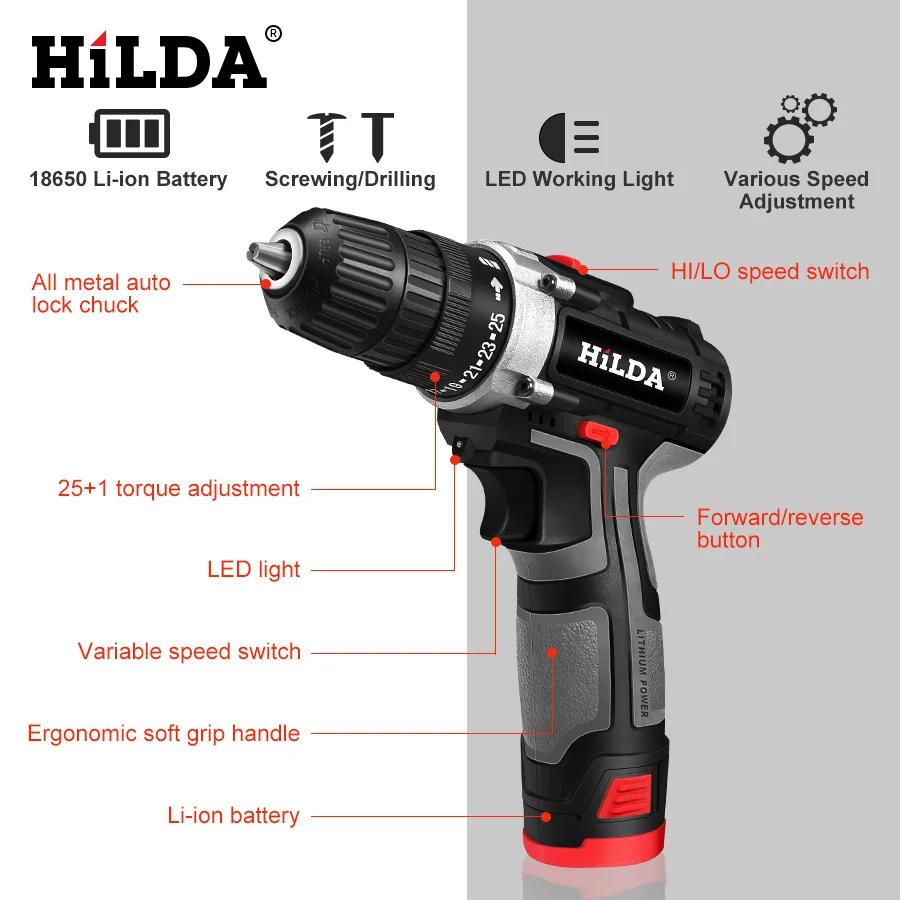 HILDA Electric Drill With Rechargeable Lithium Battery Electric Screwdriver Cordless Screwdriver Two-speed Power Tools 12V HILDA Electric Drill With Rechargeable Lithium Battery Electric Screwdriver Cordless Screwdriver Two-speed Power Tools 12V
