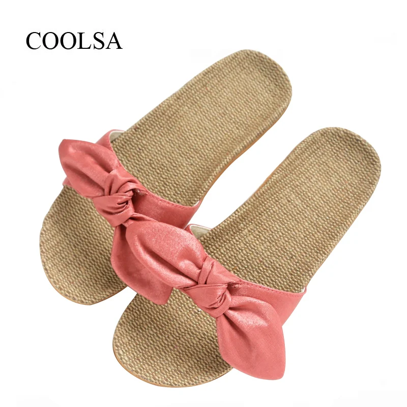 

COOLSA Women Summer Bow Tie Flax Slippers Flat Non-slip Solid Butterfly-knot Linen Slippers Women Slippers Girl's Home Slippers