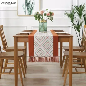 

Modern Table Runners Polyester Cotton Geometric Runner Table Cloth With Tassels Cutwork Wedding Table Runner Dining Table Flag