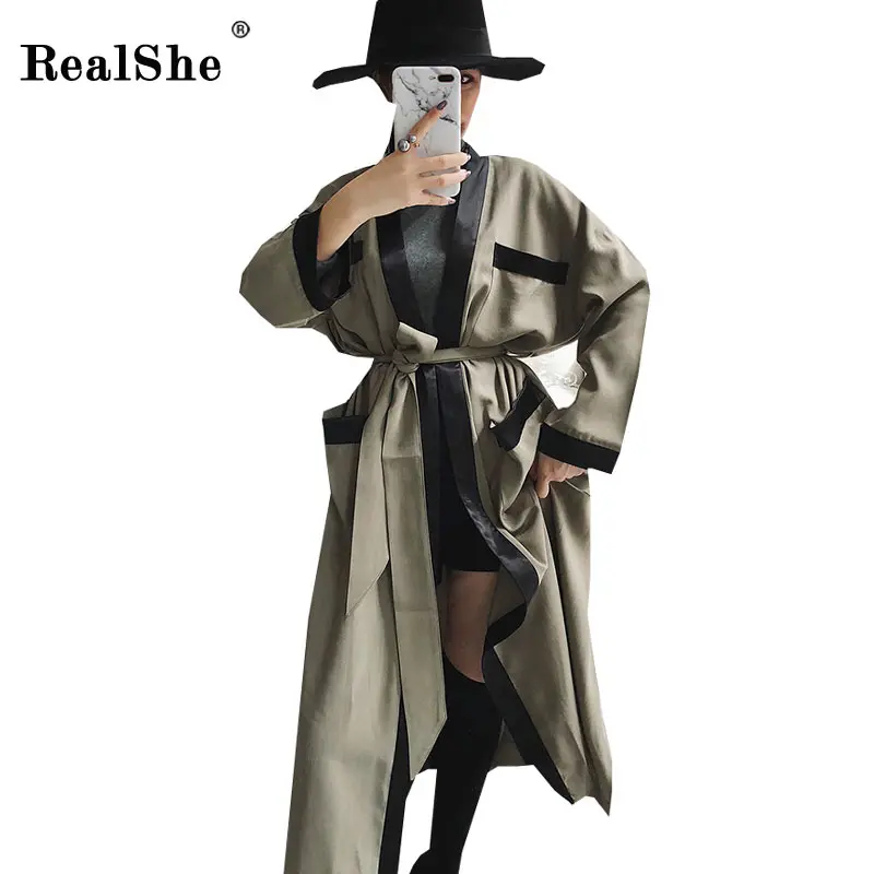 RealShe 2018 мода осень Для женщин длинный плащ пальто с поясом классический Повседневное Офисные женские туфли мужские костюмы осень одежда с