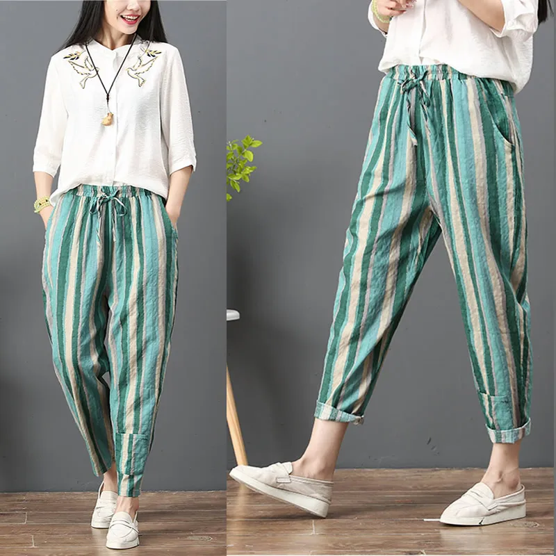 

Plus Size Cotton Linen Pants Women Summer Loose Harem Pants Stripe Pocket Casual Sweatpants Trousers Streetwear
