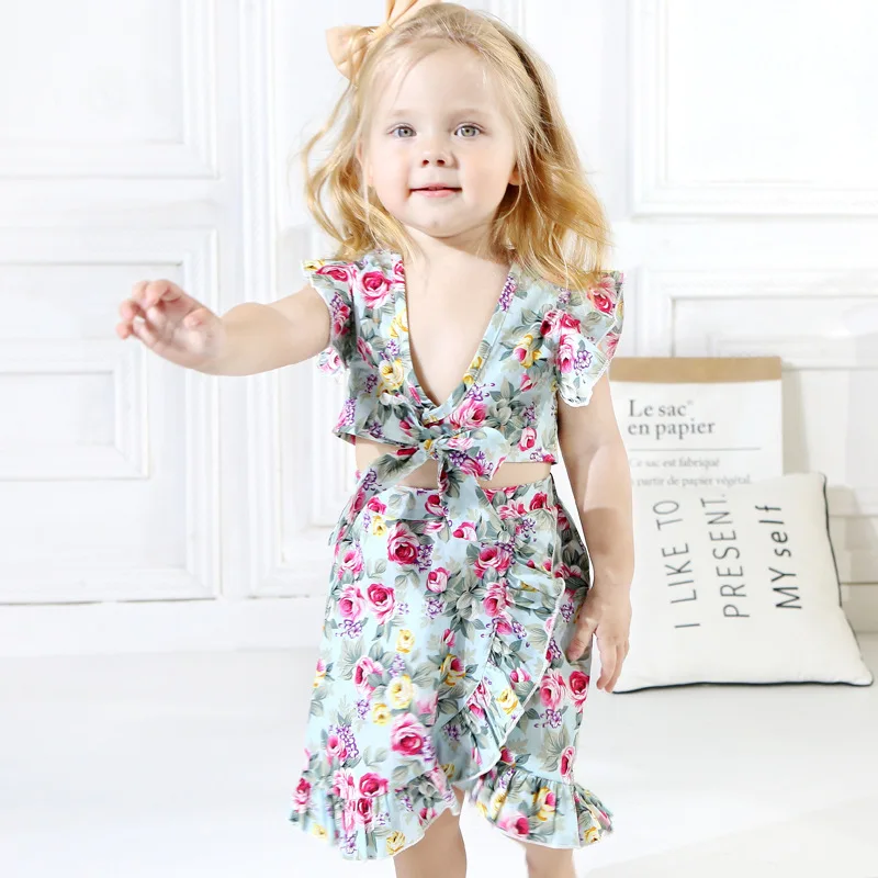 

2019 Summer Children Girl Dress Plaid Floral Bow Midriff-baring Backless Dresses Baby Girl Clothes wholesale Dress Five Colors