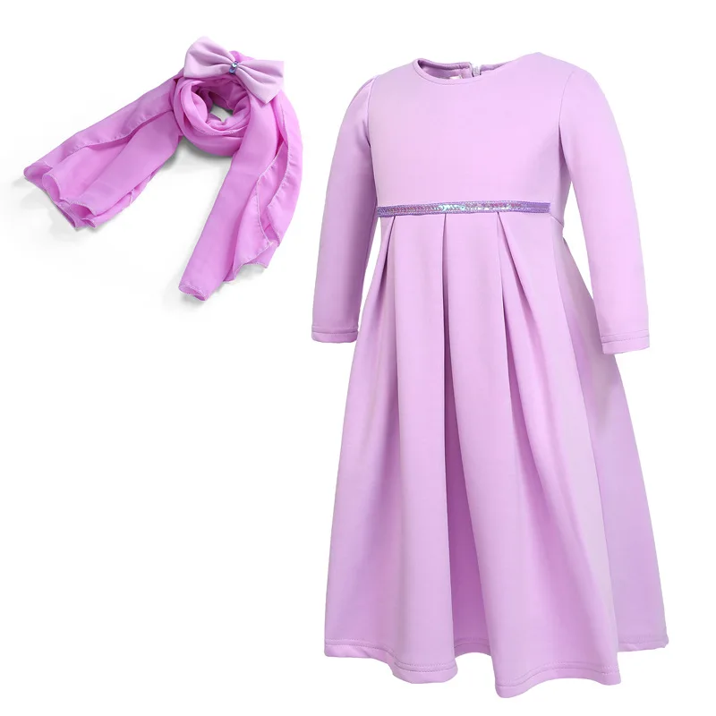 Middle East Hui girl long-sleeved Muslim set dress + headscarf two-piece set of solid Arabic children's  princess