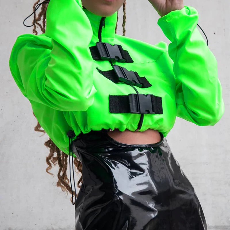 Very best  InstaHot Green High Street Buckle Jacket Cropped Top Zip Up Pocket Stand Collar Bomber Jacket Autum