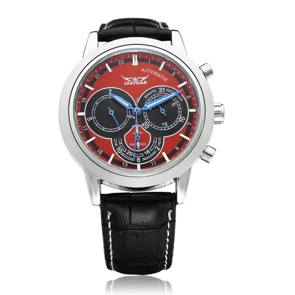 JARAGAR Brand Luxury Automatic Mechanical Fashion Red 3 Dial PU Leather Men Wrist Watch Men s
