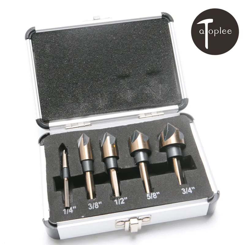 

5 PCS Tri-Flat Shank Countersink Drill Bit Set HSS 5 Flute Taper Cutter 1/4 3/8 1/2 5/8 3/4 Industrial Drilling Tools