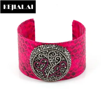 

2017 Fashion Women Jewelry Snake Leather Python Leather Bangle Adjustable Open Cuff Pave with Crystal Rhinestone Flower Bracelet