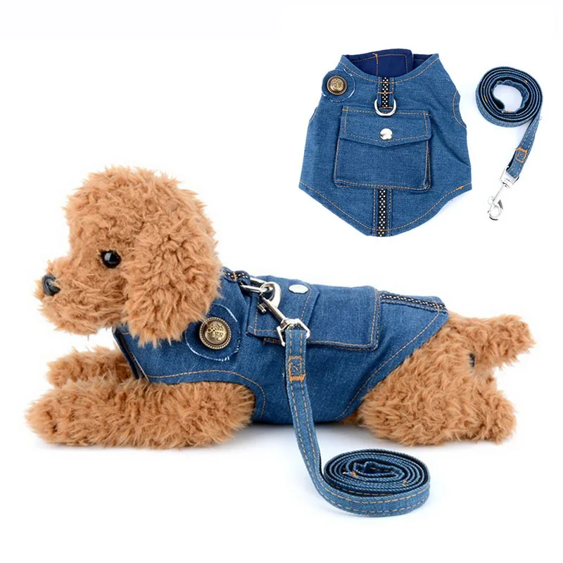 

Denim Dog Harness and Leash Jeans Pet Vest Jacket For Small Puppy Dogs Adjustable Pet Puppy Harness Leads Walking Leash for Cats