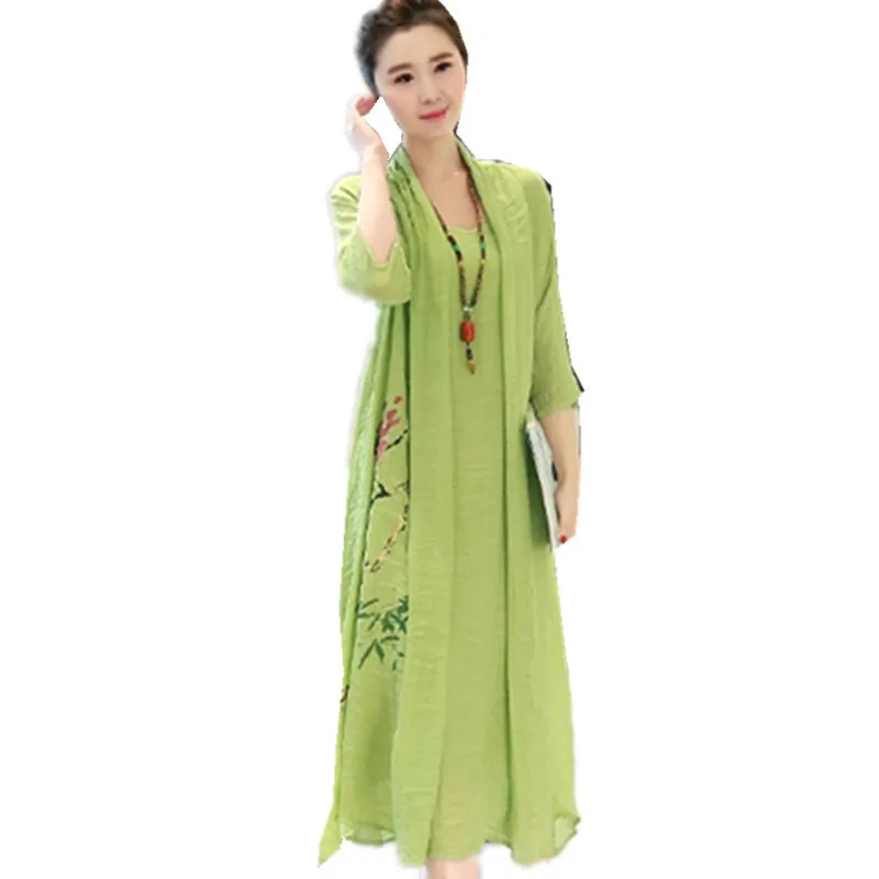 Мода хлопок лен длинное женское летнее платье кимоно офисная Туника халат винтажное платье с цветочным принтом размера плюс свободное миди платье