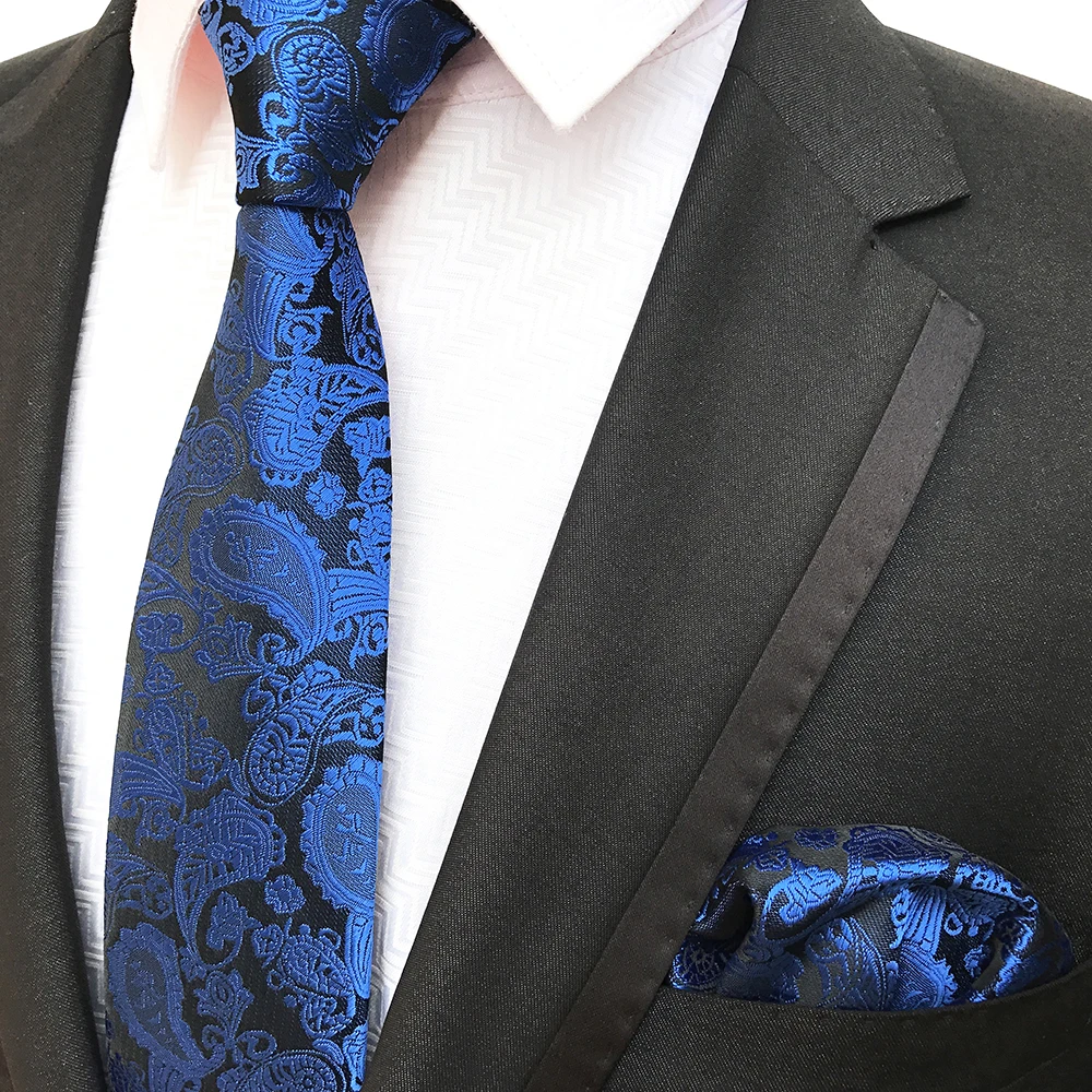 

8cm Men Royal Blue Paisley Necktie Set with Woven Pocket Square to Match Suits