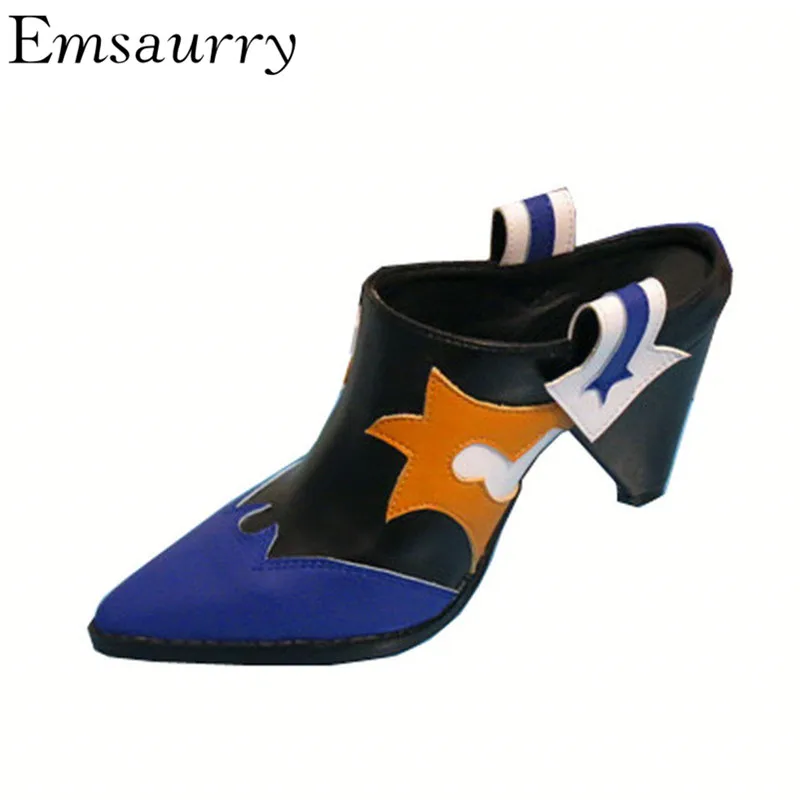 

Exotic Mixed Color Slingback Mules Individual Spike Heel Real Leather Sexy Pointed Toe Patchwork Fashion Slippers Women