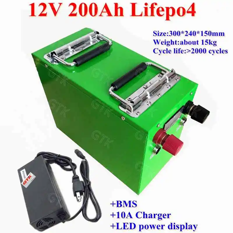 

GTK 12V 200Ah Lifepo4 lithium battery pack 12V 200Ah 300Ah With bms for Electric boat RV solar energy storage +10A charger