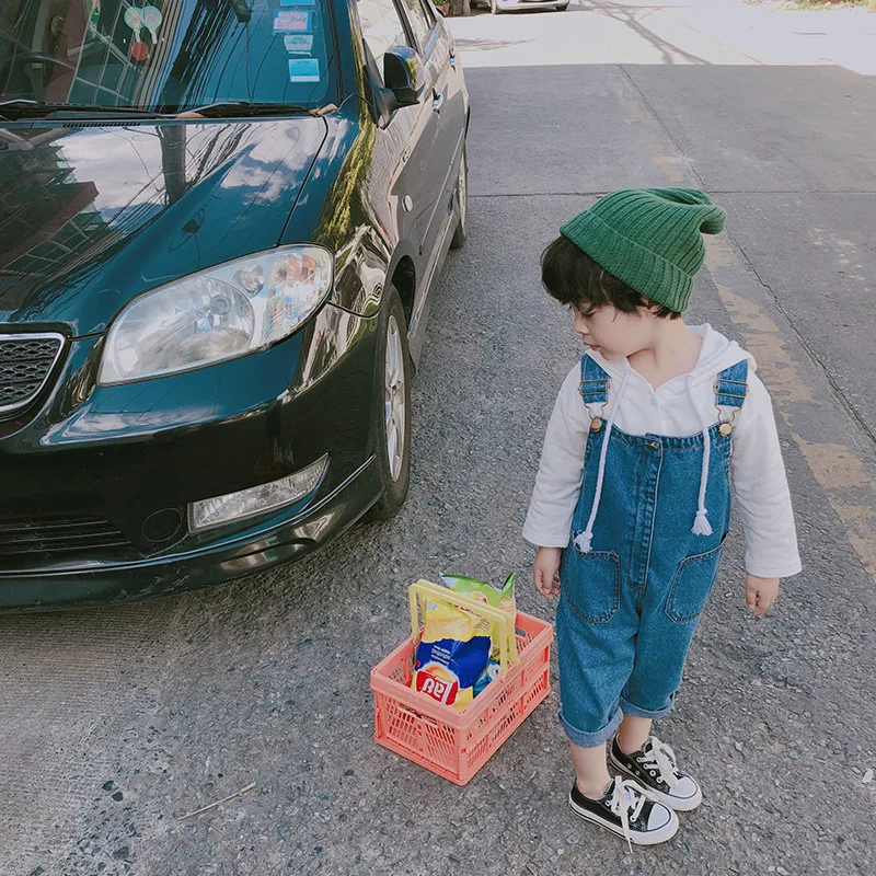

Spring Boys fashion solid color denim overalls Korean style fashion girls all-match loose Jean overalls kids suspender trousers