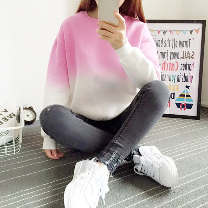 الغريبة كيتي جديد المتناثرة هوديس سميكة الصوف التدرج اللون فضفاضة عارضة البلوز النساء بلوزات رياضية Moletom