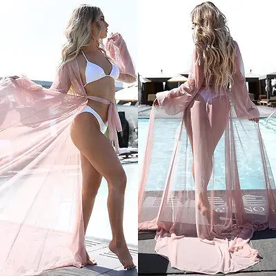 

3 Colors Long Sleeve Women Long Bikini Swimwear Cover Up Beach Dress See Through Bathing Top