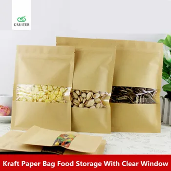 

9x14cm Kraft and Clear Mylar Bags Window Reclosable W/ZipLock Pouch Food Storage Zipper Sealable Packing Bags Printing Logo 100x