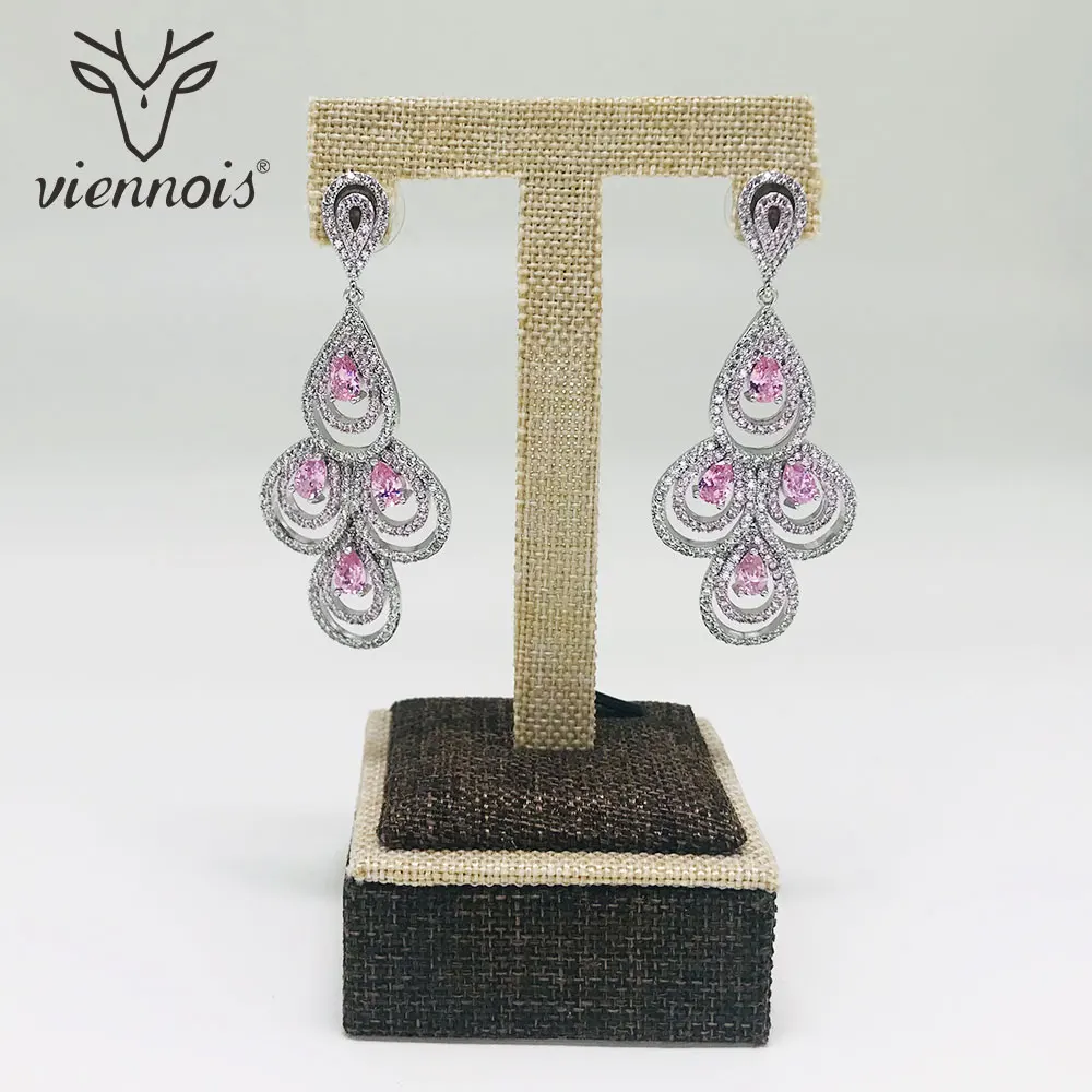 Женские серьги капельки Viennois розовые/черные с цирконием AAA для свадебной