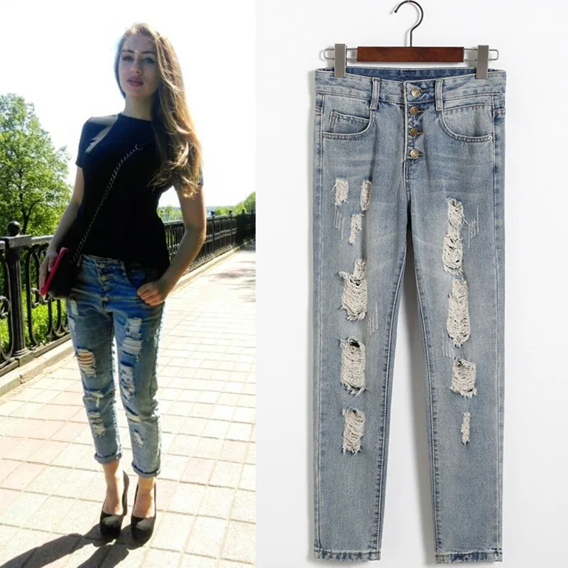 Women s Jeans Fashion Ripped Jeans Hole Elastic Stretch Summer Full Length Harem Jeans Pants Denim