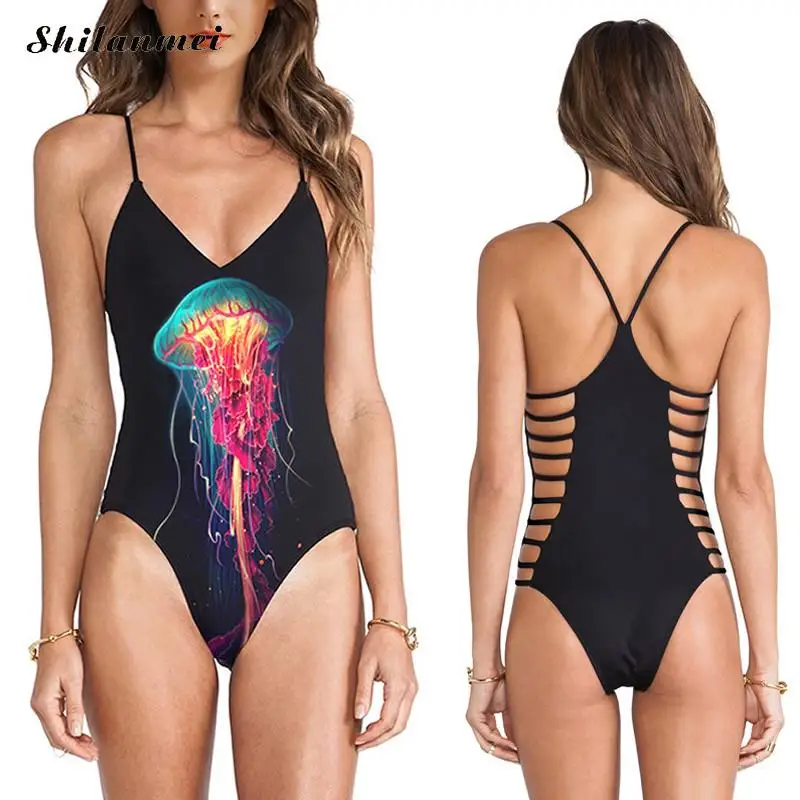 2017 Sexy One Piece Swimsuit Women Swimwear jellyfish Print Hollow Out